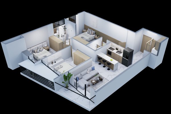 Apartamento Modelo A, 3 hab, 2 baños