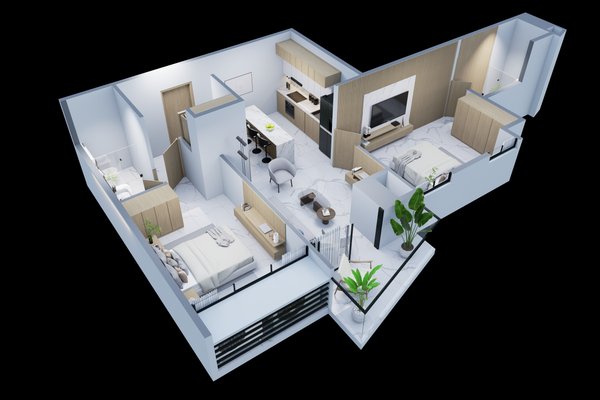 Apartamento Modelo E, 2 hab, 2 baños
