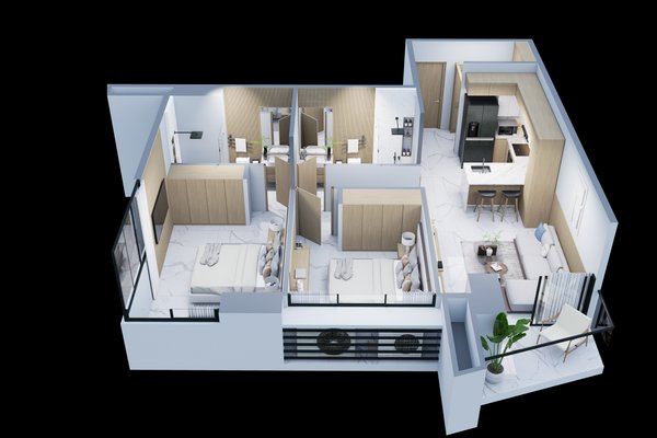 Apartamento Modelo F, 2 hab, 2 baños